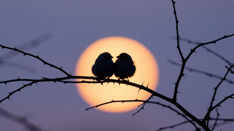 Two small birds perched close together on a bare winter branch against a glowing moon at twilight