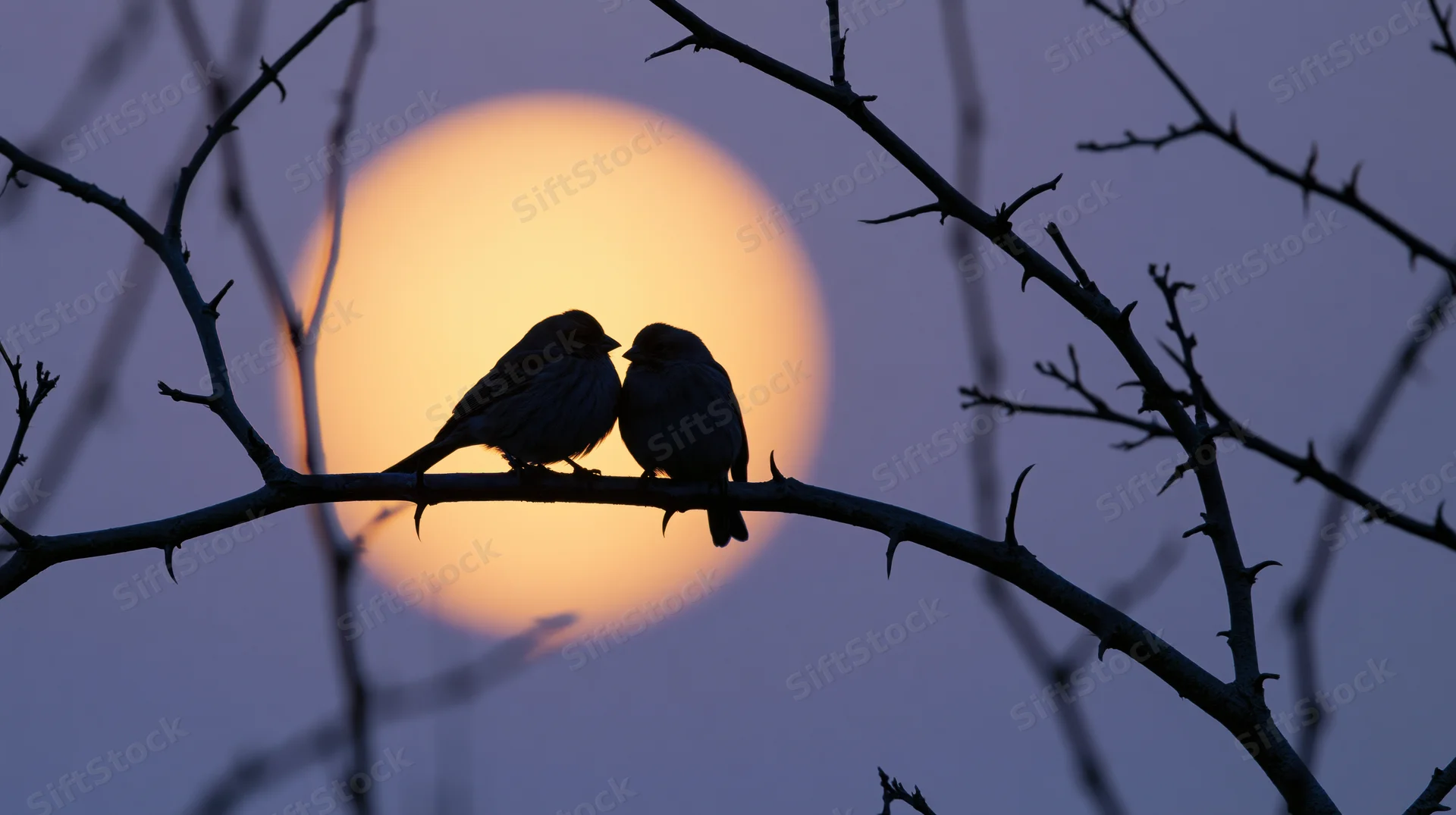 Two sparrows perched close together on a bare winter branch against a glowing moon at twilight