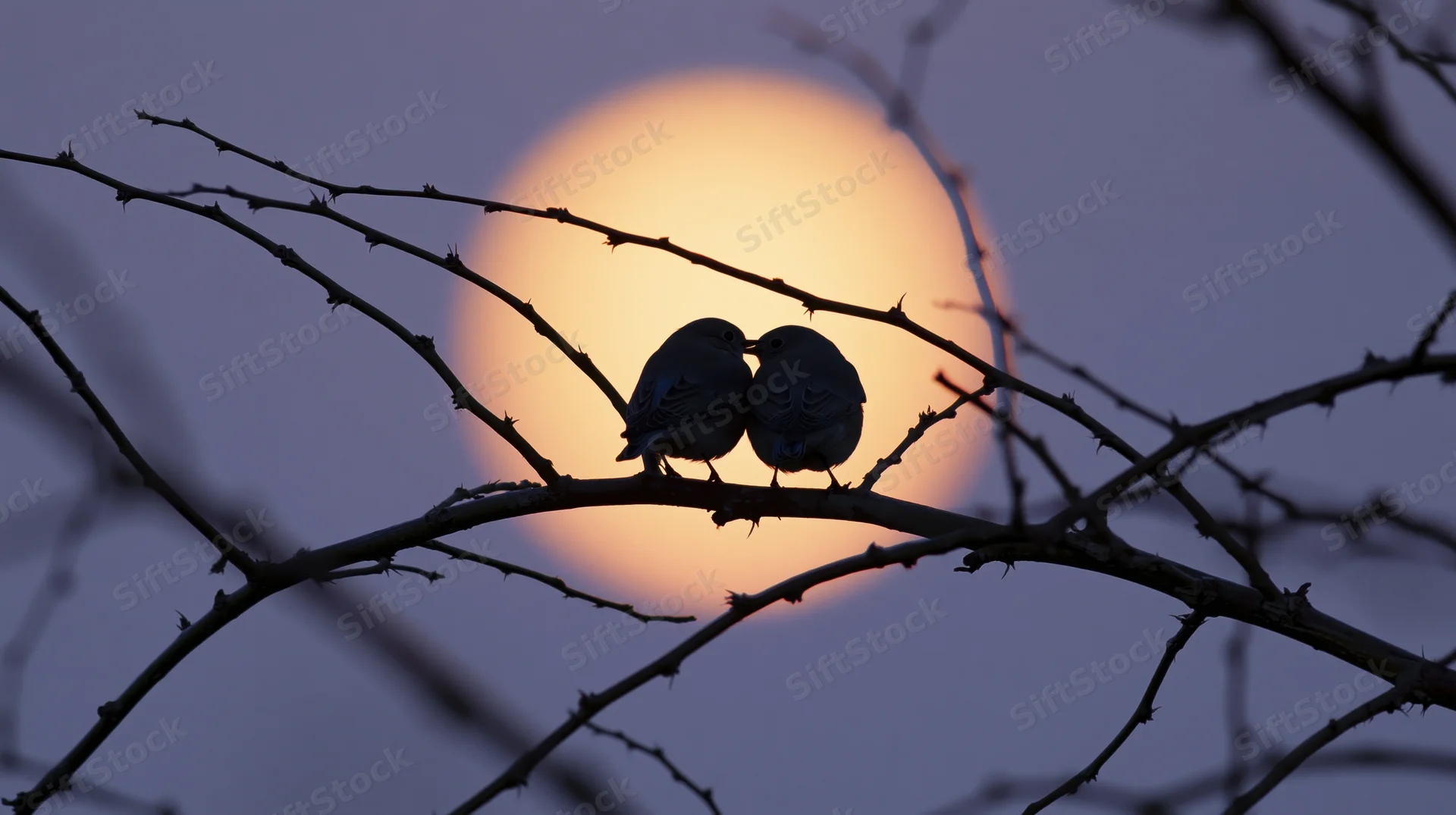 Two birds perched close together on a bare branch at twilight with full moon behind