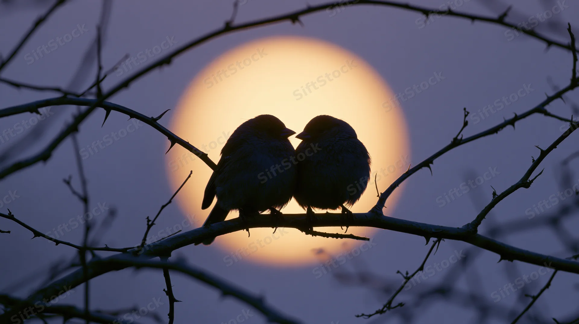 Two small birds perched close together on a bare winter branch at twilight with the moon glowing behind them