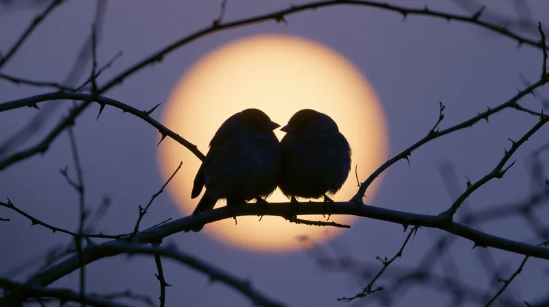 Two small birds perched close together on a bare winter branch at twilight with the moon glowing behind them