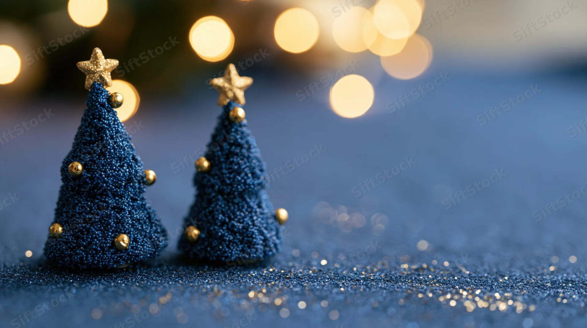 Two small blue beaded christmas trees with gold stars and ornaments on a glittery surface with bokeh lights in the background