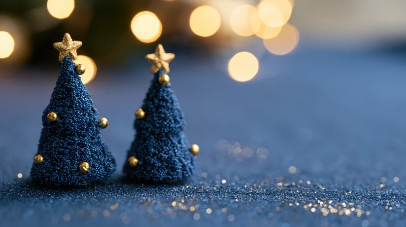 Two small blue beaded christmas trees with gold stars and ornaments on a glittery surface with bokeh lights in the background