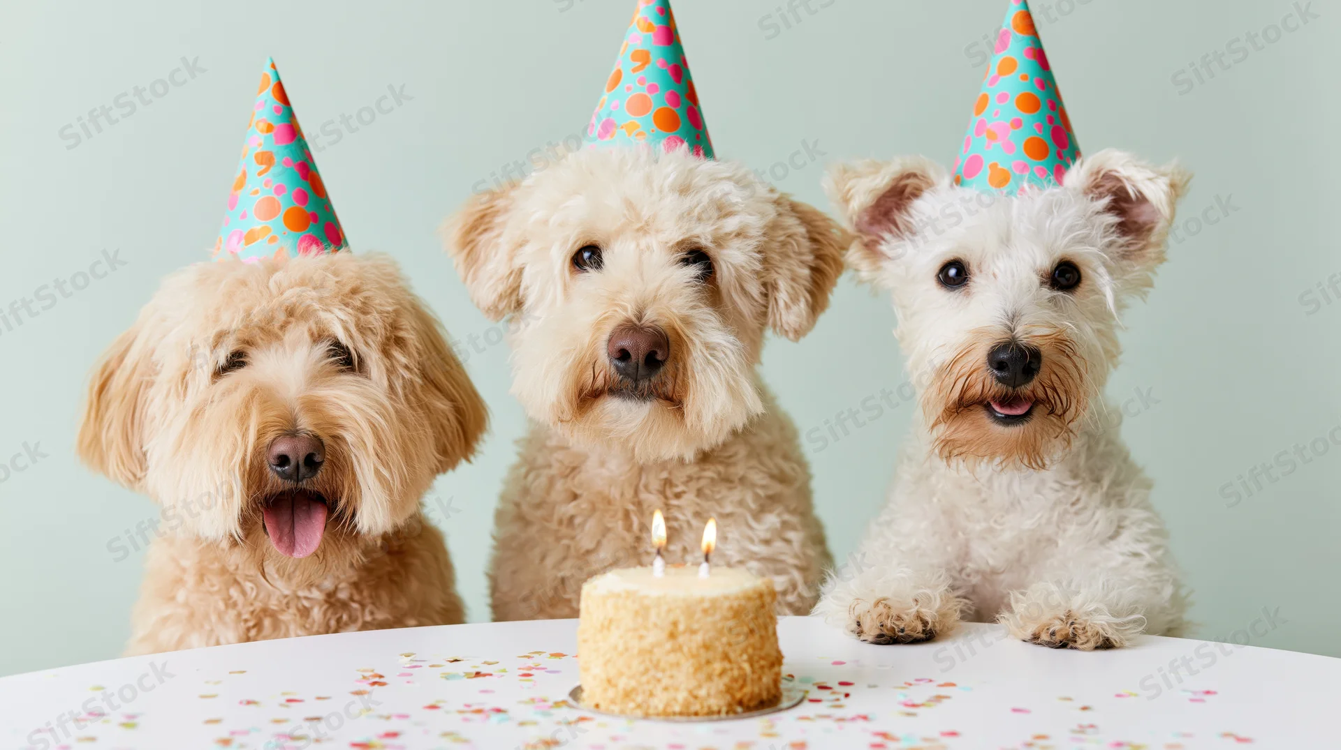 Three small dogs wearing colorful party hats sitting at a table with a birthday cake and candles