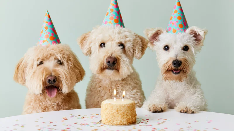Three small dogs wearing colorful party hats sitting at a table with a birthday cake and candles