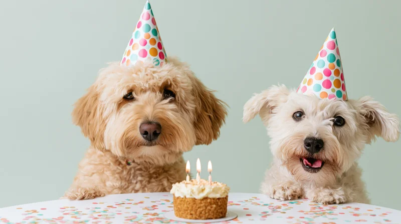 Two small dogs wearing colorful party hats sitting at a table with a birthday cake and candles