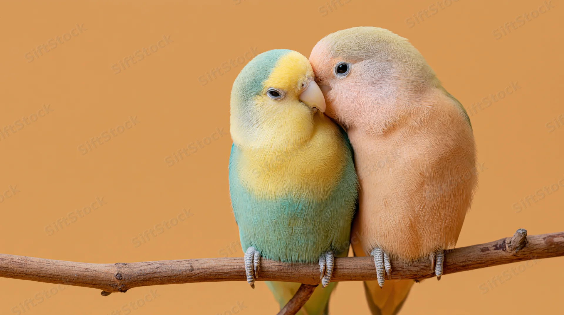 Two lovebirds cuddling closely on a wooden branch against orange background