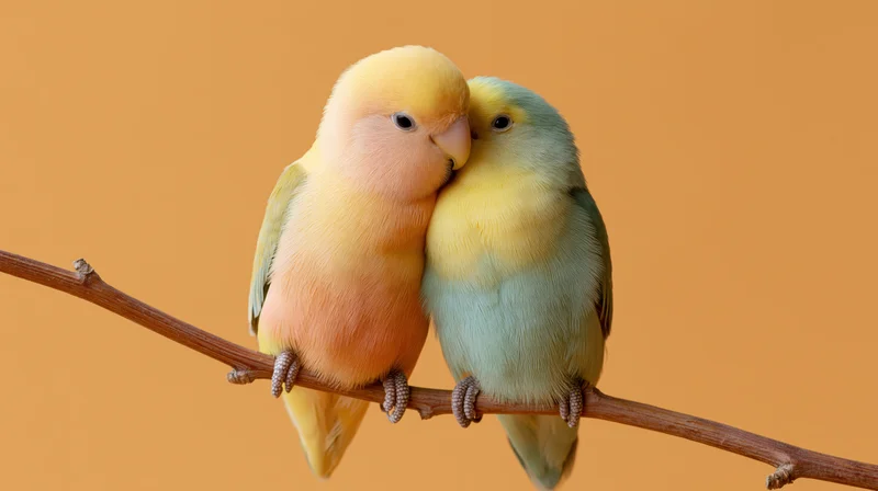 Two lovebirds cuddling closely on a wooden branch against an orange background