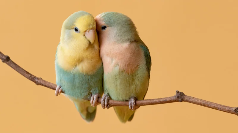 Two lovebirds cuddling closely on a wooden branch against a warm orange background