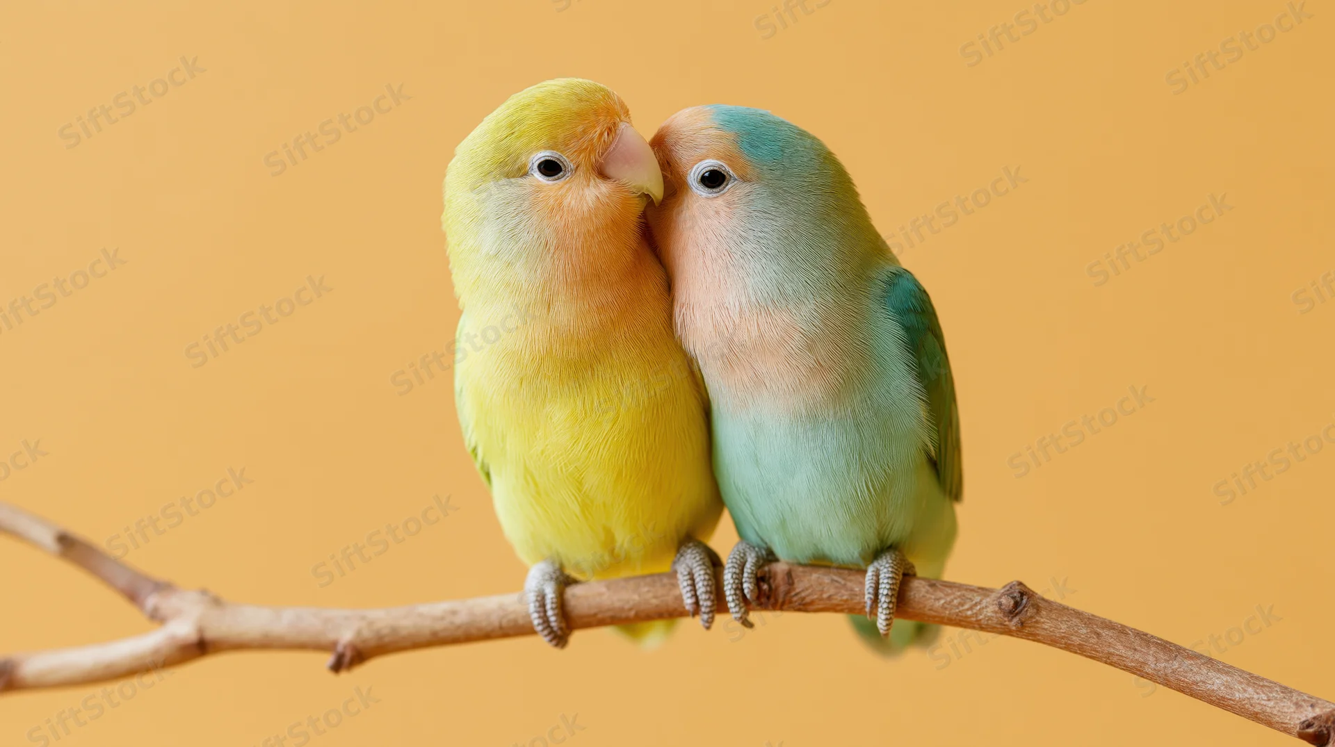 Two lovebirds cuddling on a wooden branch against a warm orange background