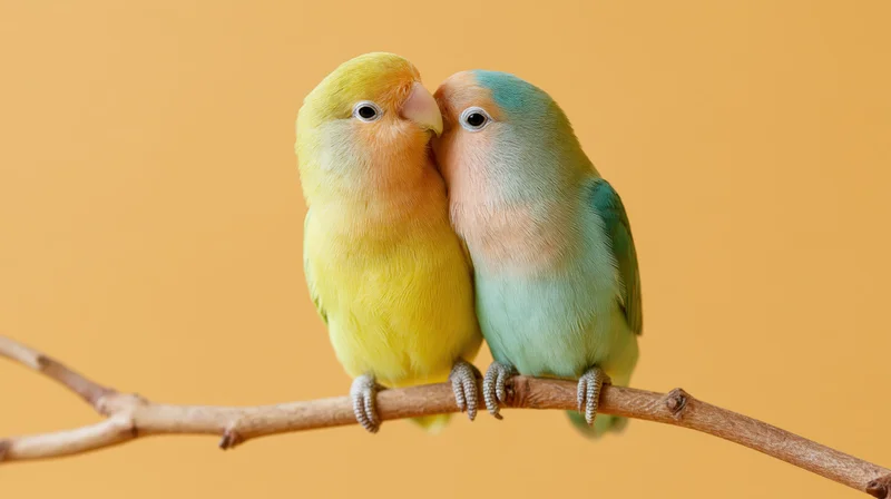 Two lovebirds cuddling on a wooden branch against a warm orange background