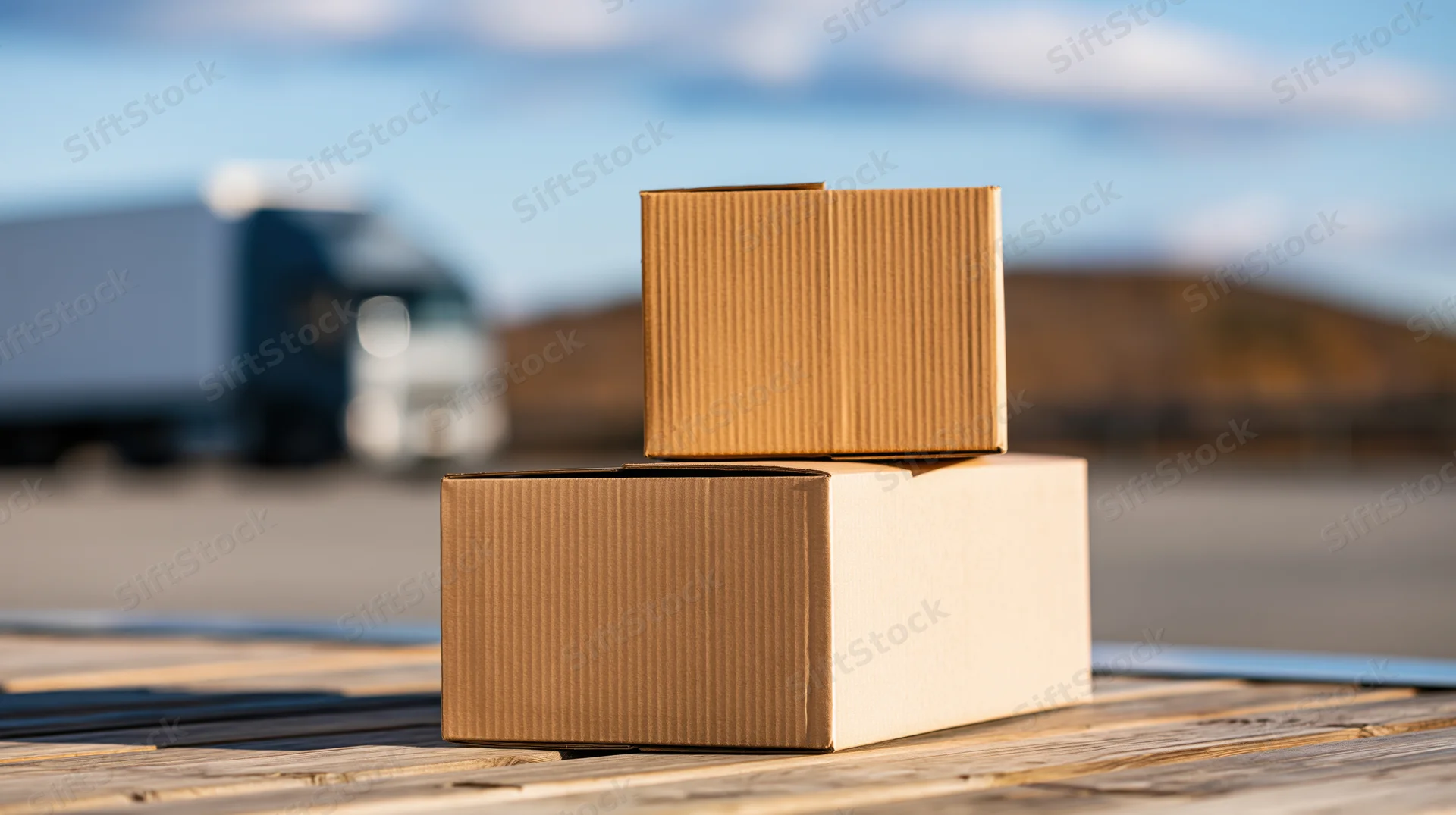 Two stacked cardboard boxes on a wooden loading dock with a delivery truck in the background