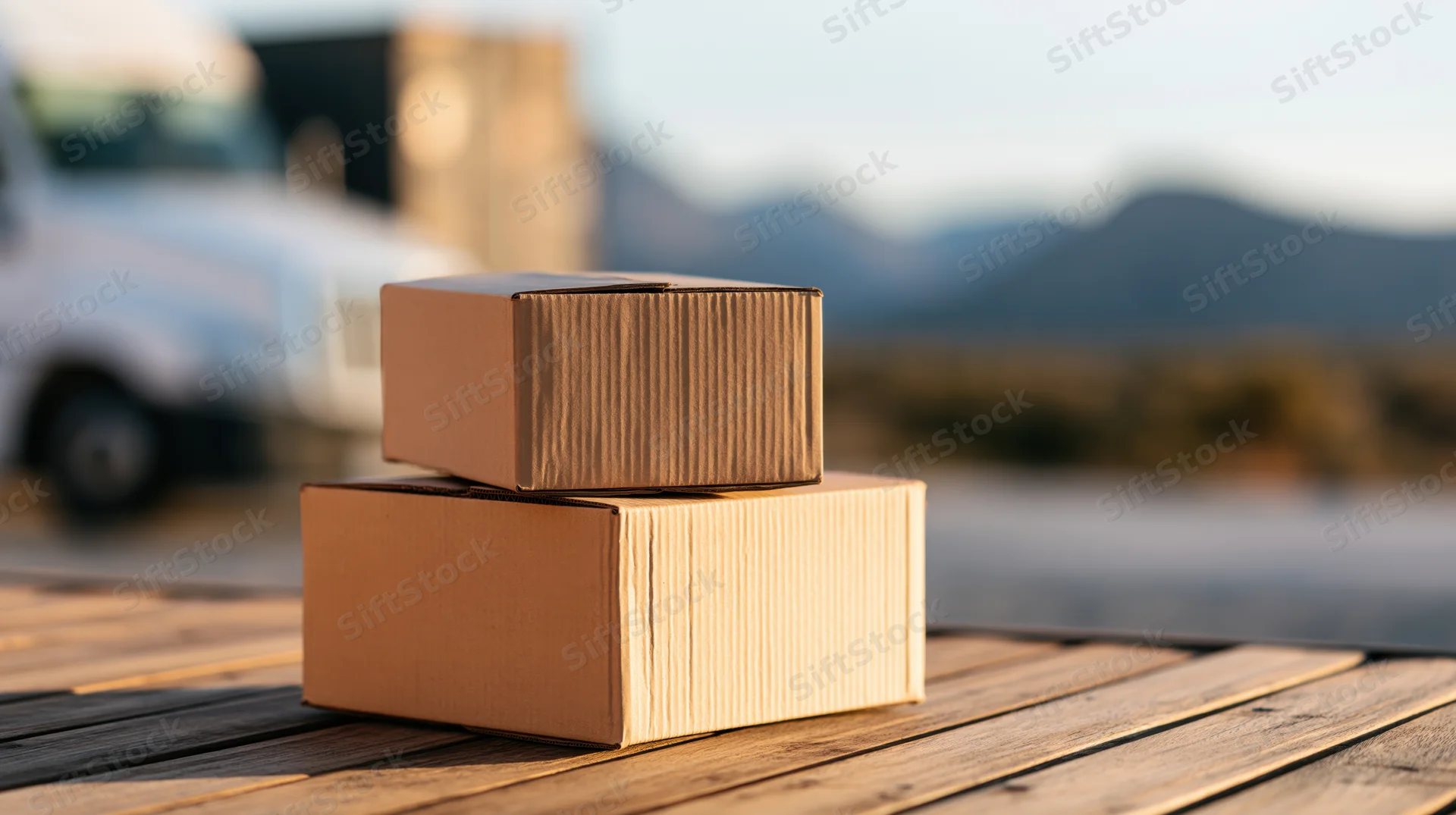 Two stacked cardboard shipping boxes on a wooden platform with a delivery truck in the background