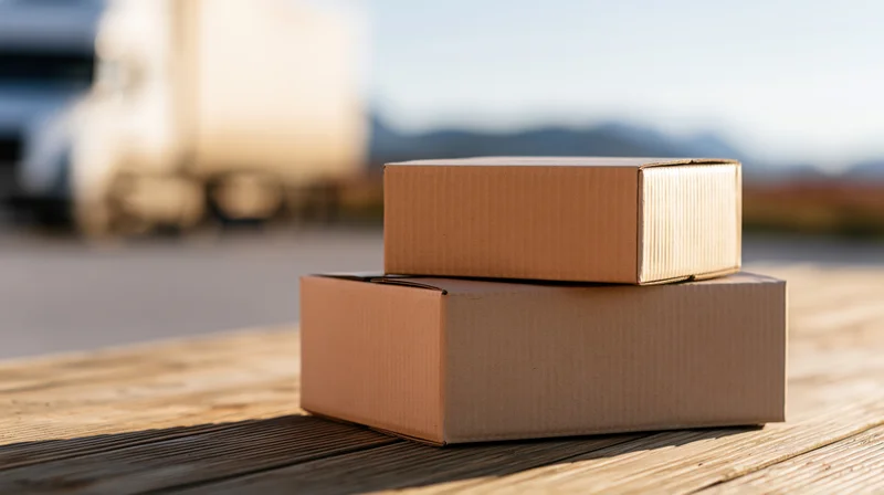 Two stacked cardboard shipping boxes on a wooden pallet with a delivery truck in the background