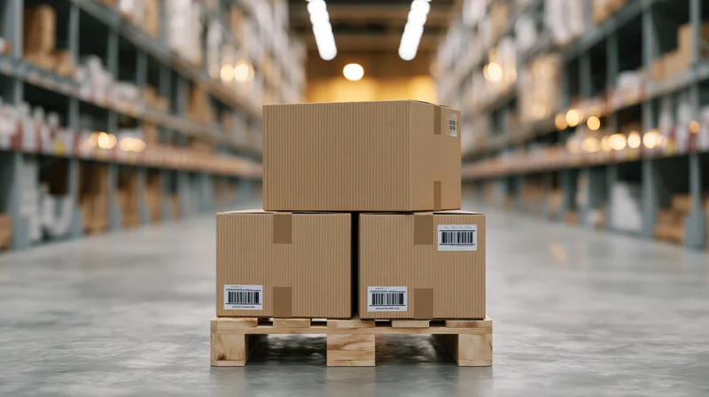 Stacked cardboard boxes on a wooden pallet in a warehouse aisle