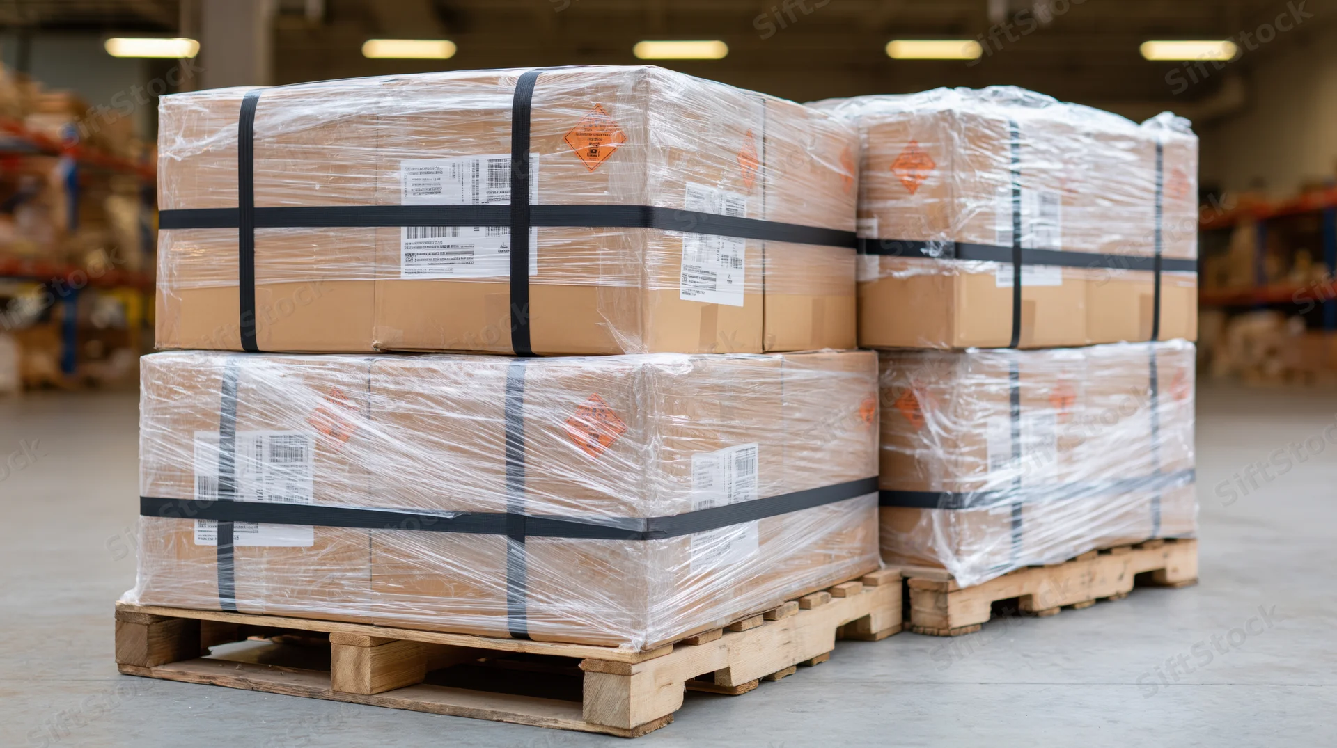 Stacked pallets of cardboard boxes wrapped in plastic and secured with black nylon straps in a warehouse