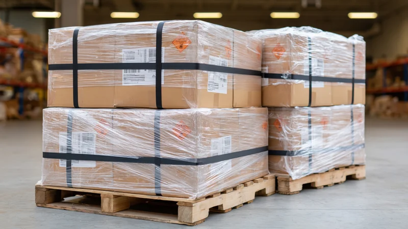 Stacked pallets of cardboard boxes wrapped in plastic and secured with black nylon straps in a warehouse
