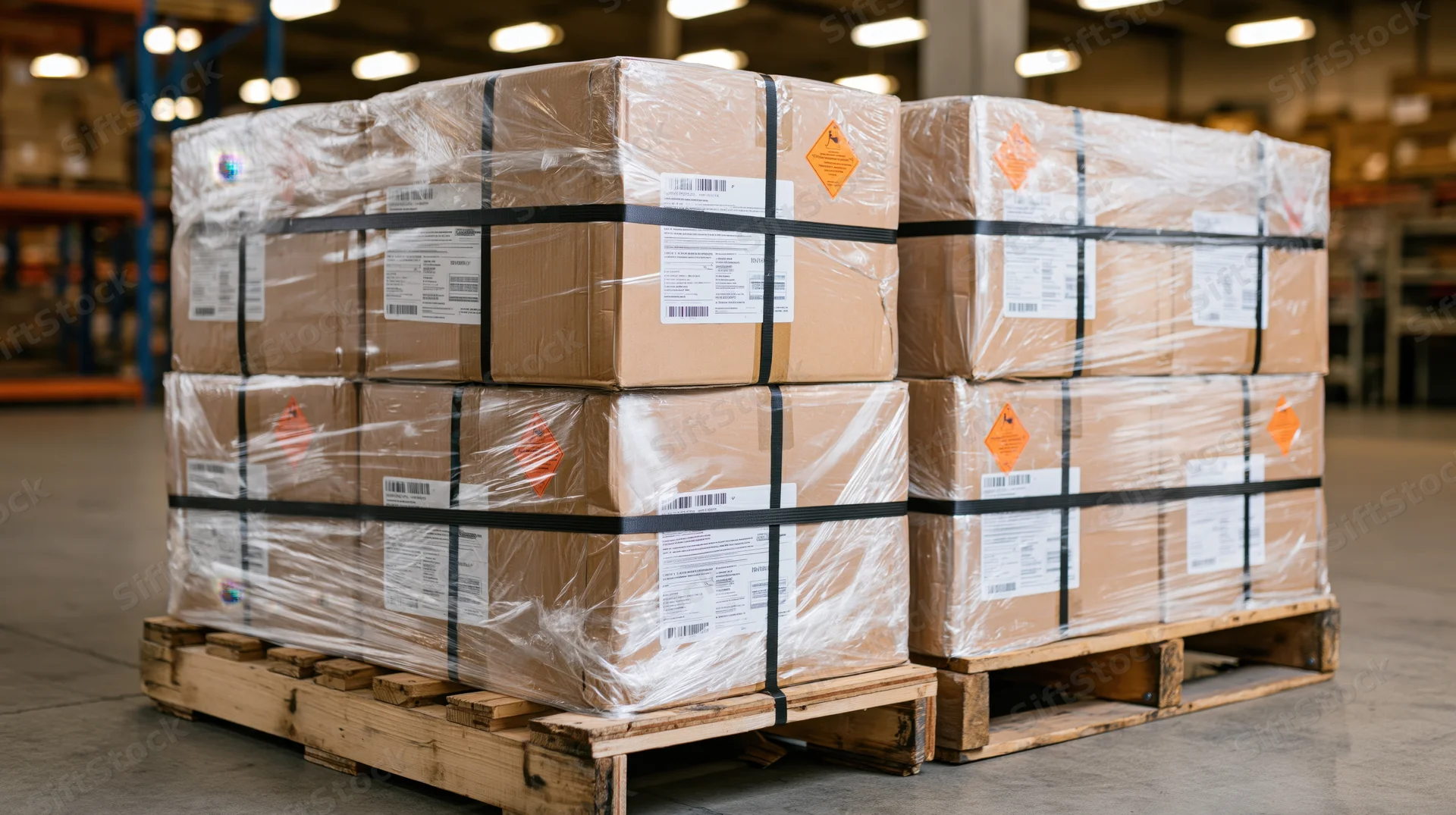 Stacked pallets of cardboard boxes wrapped in plastic and secured with black nylon straps in a warehouse