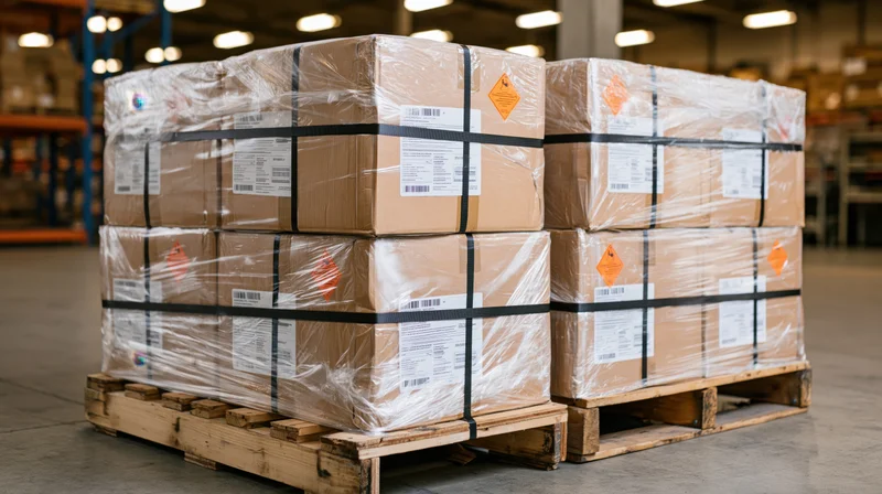 Stacked pallets of cardboard boxes wrapped in plastic and secured with black nylon straps in a warehouse