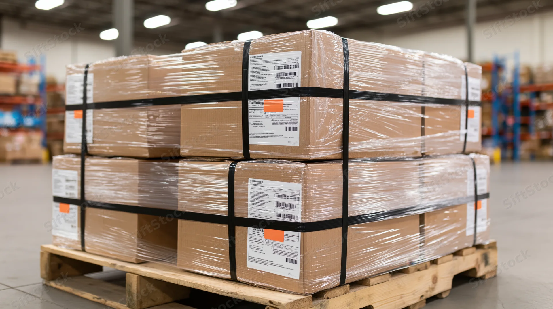 Stacked cardboard boxes shrink-wrapped and secured with straps on a wooden pallet in a warehouse
