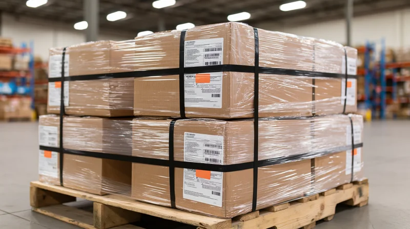 Stacked cardboard boxes shrink-wrapped and secured with straps on a wooden pallet in a warehouse