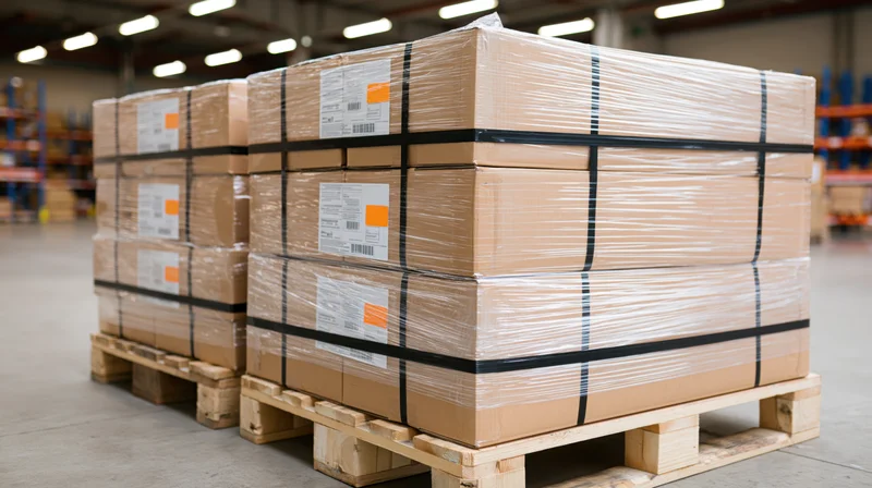 Stacked pallets of shrink-wrapped cardboard boxes in a warehouse
