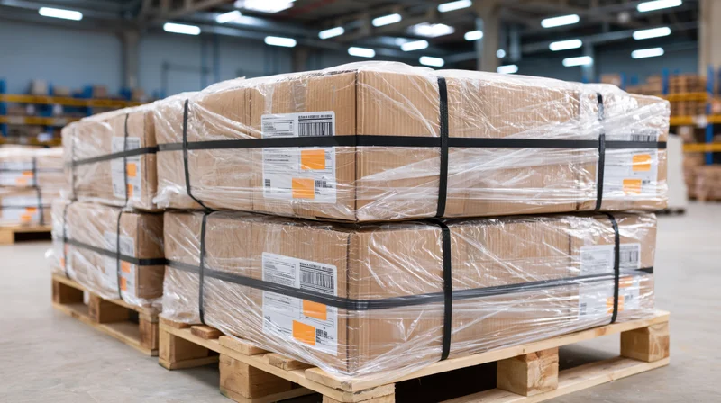 Stacked pallets of shrink-wrapped cardboard boxes in a warehouse