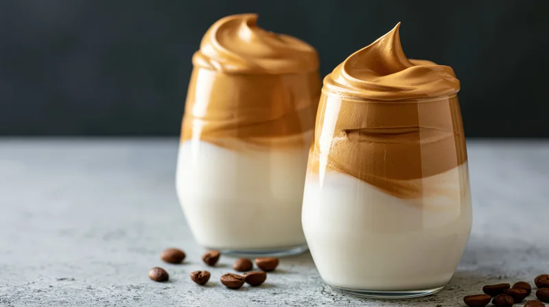 Two glasses of dalgona coffee with whipped cream and coffee beans on a gray surface
