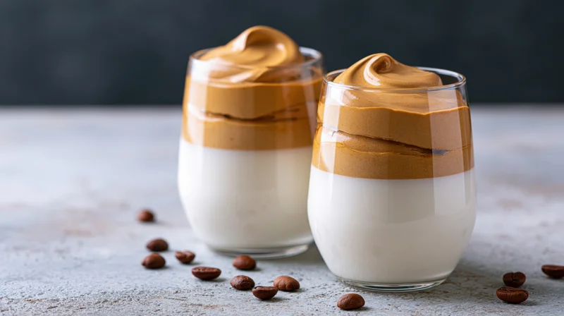 Two glasses of dalgona coffee with whipped cream and coffee beans on a countertop
