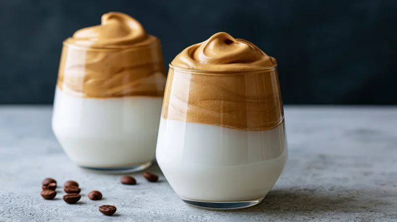 Two stemless glasses of dalgona coffee with thick whipped cream on a gray surface, coffee beans scattered nearby