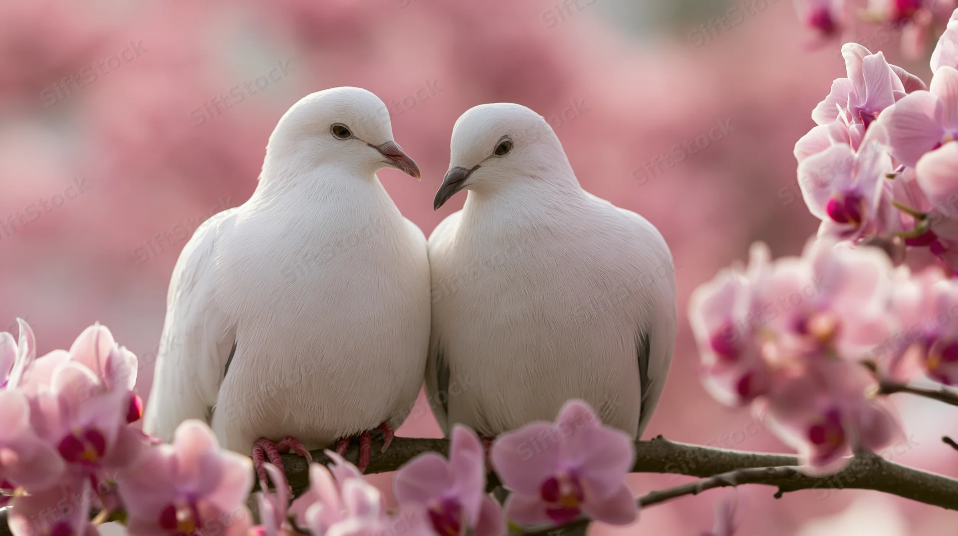 Two white doves perched closely together on a flowering branch surrounded by pink orchids