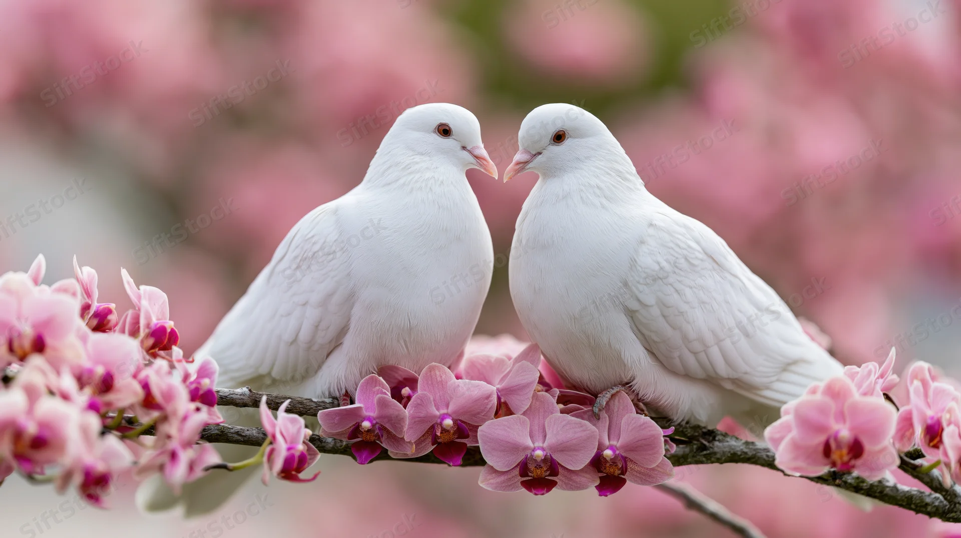 Two white doves perched closely together on a flowering branch surrounded by pink orchids