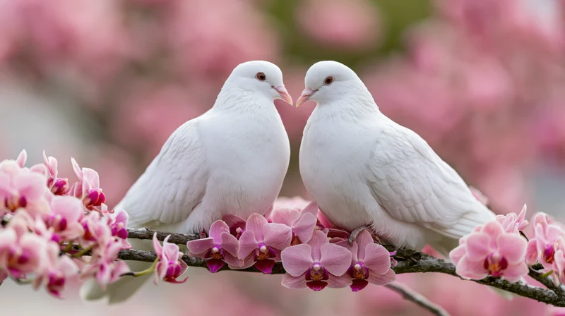 Two white doves perched closely together on a flowering branch surrounded by pink orchids
