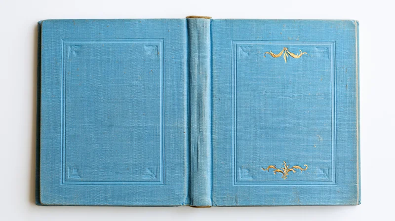 Open vintage hardcover book with blue embossed covers and gold decoration lying flat on white background