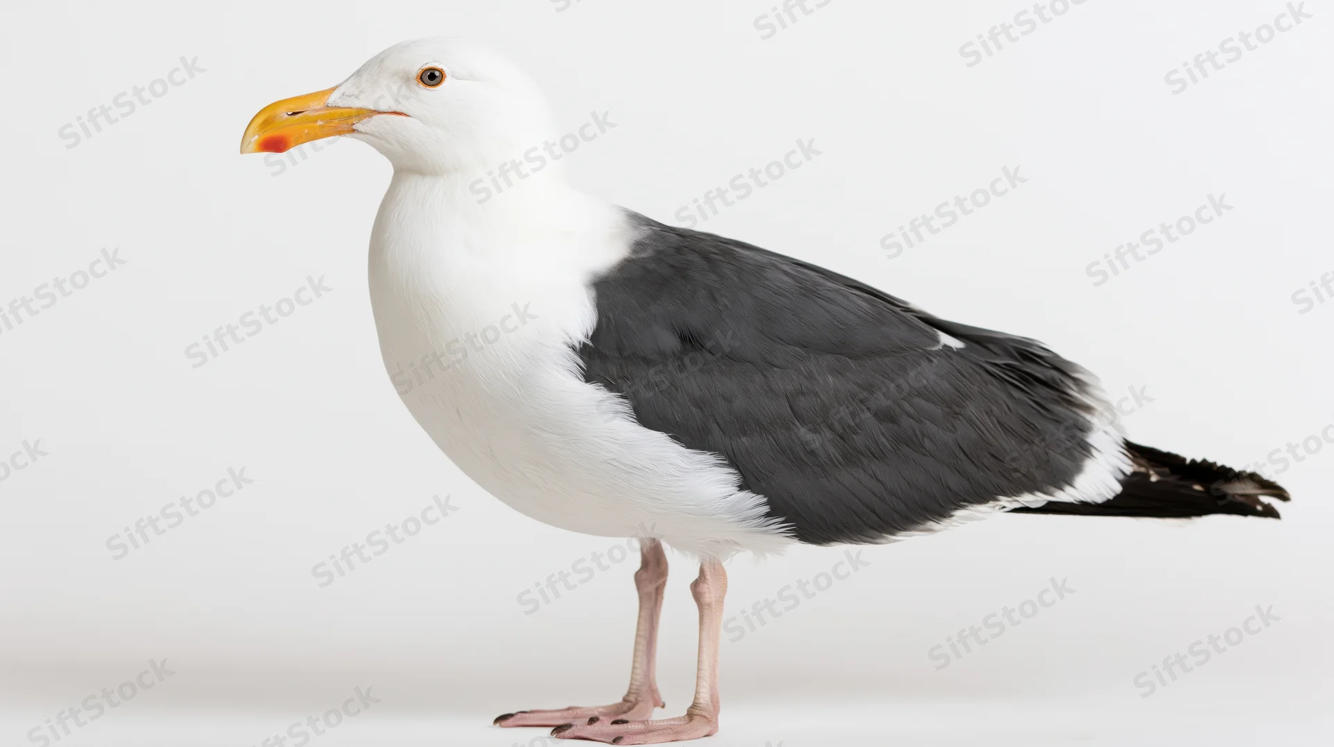 Western gull standing in alert profile pose against white background
