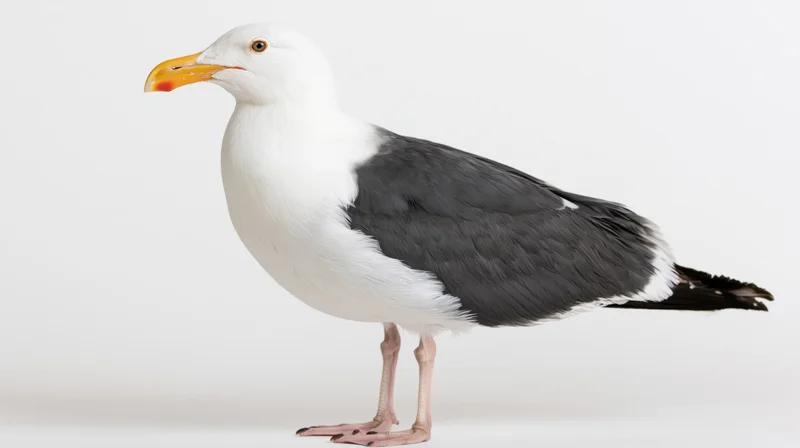Western gull standing in alert profile pose against white background