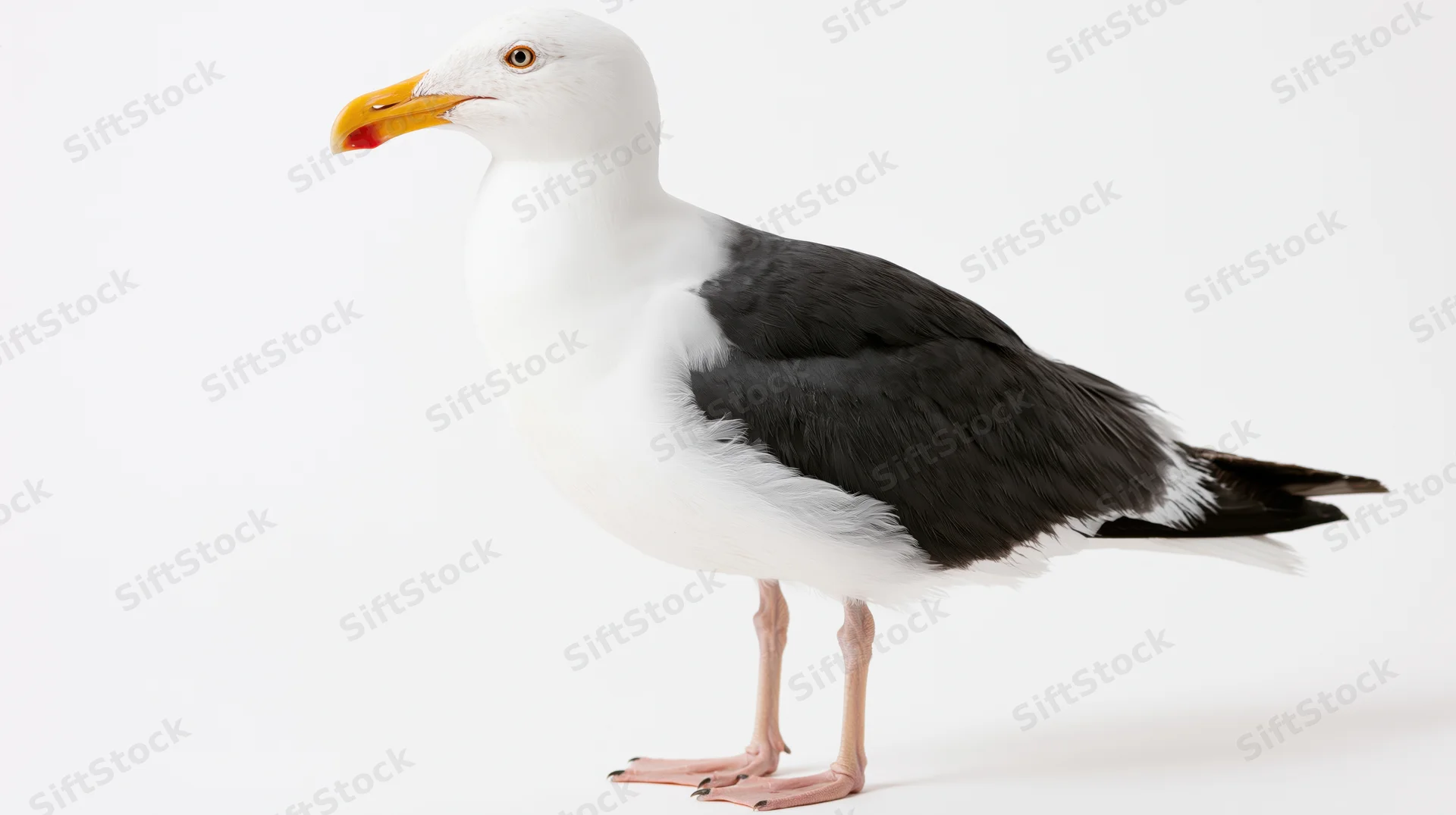 Western gull standing alert in profile against white background