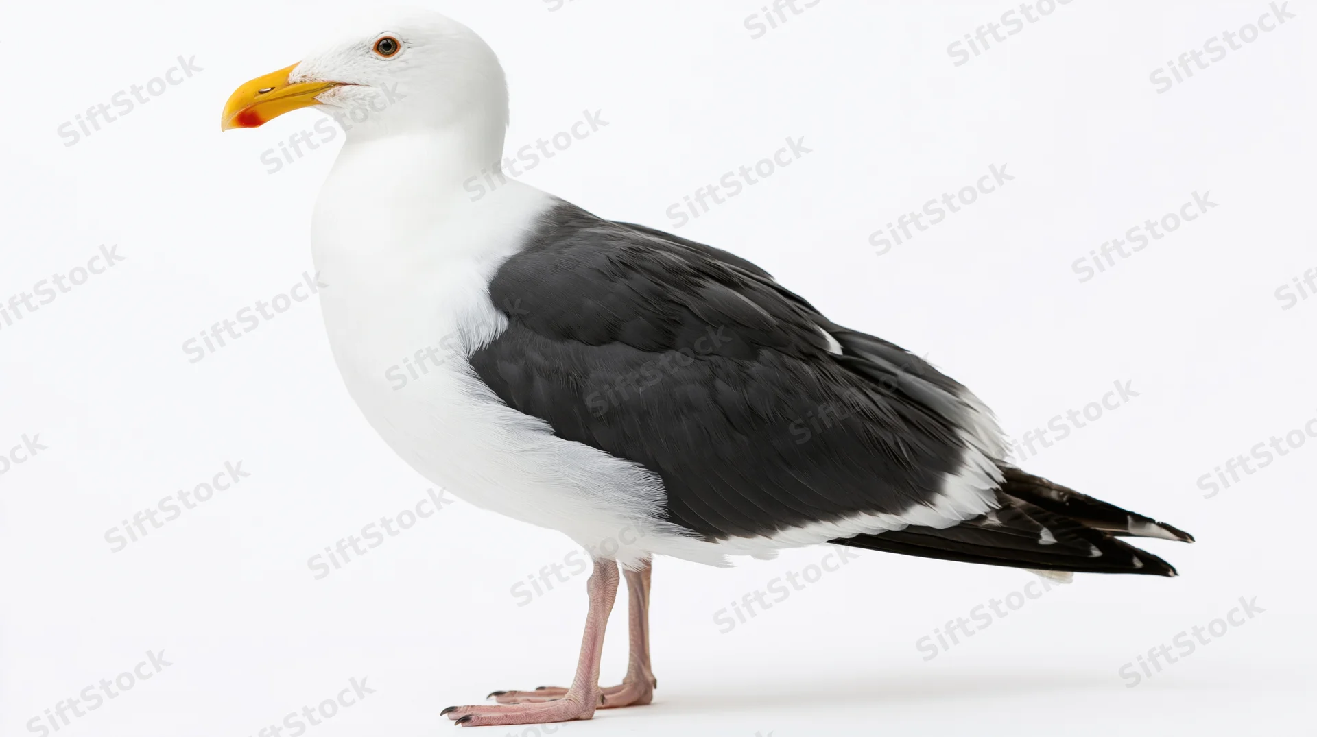 Western gull standing in alert profile pose isolated on white background