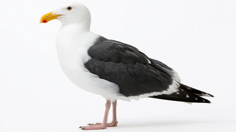 Western gull standing in alert profile pose isolated on white background