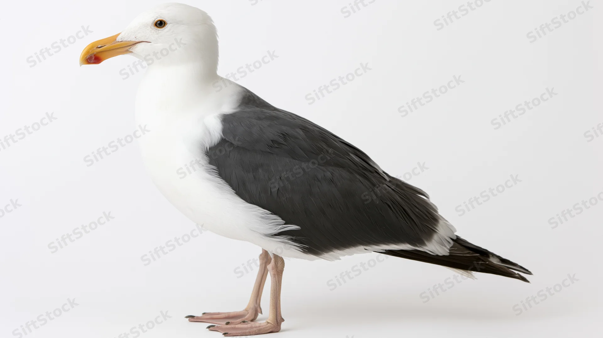 Western gull standing in alert profile pose against white background