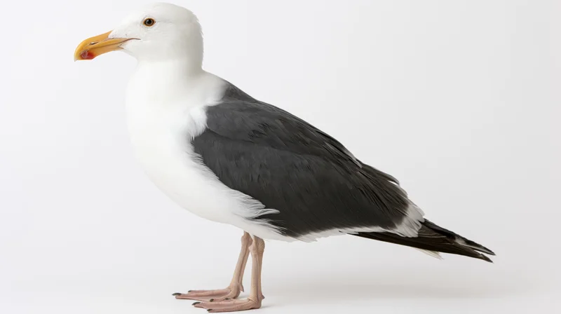 Western gull standing in alert profile pose against white background