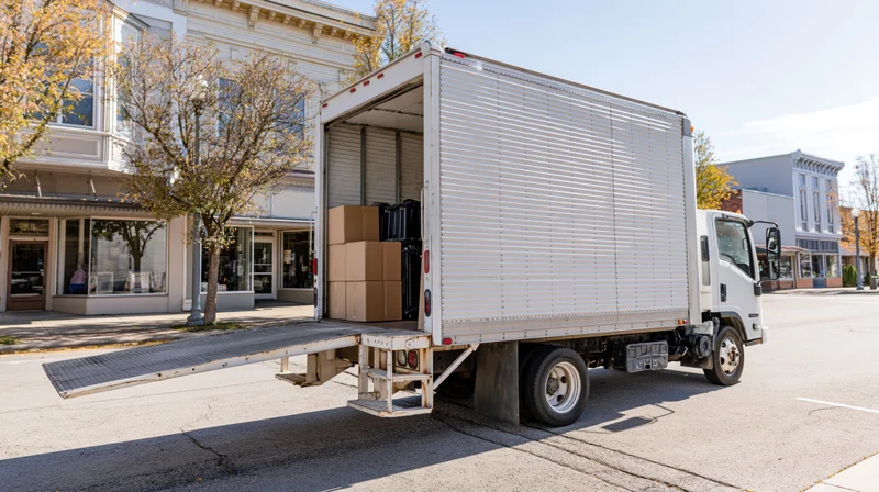 White delivery truck parked on small-town commercial street with rear ramp down and boxes inside