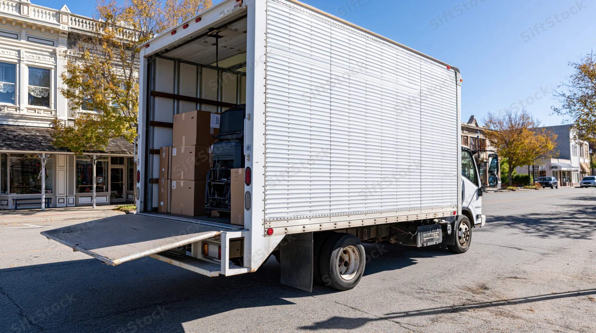 White delivery truck with open rear door and loading ramp parked on small-town commercial street