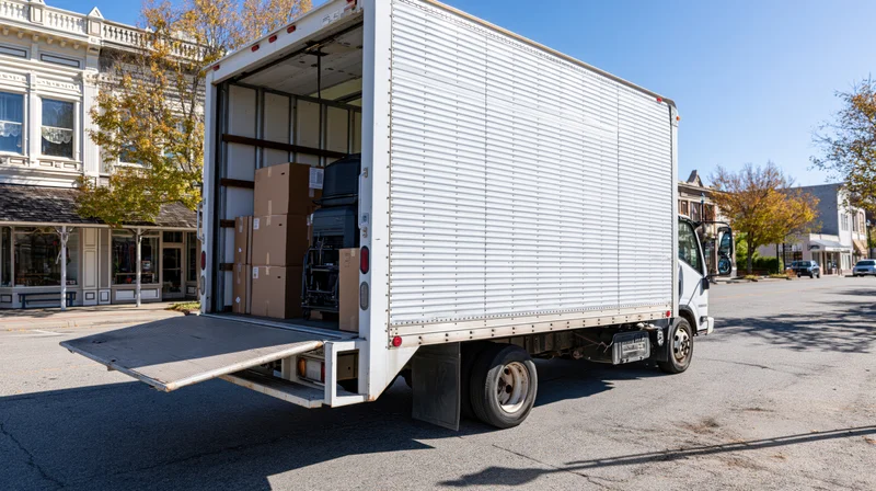 White delivery truck with open rear door and loading ramp parked on small-town commercial street