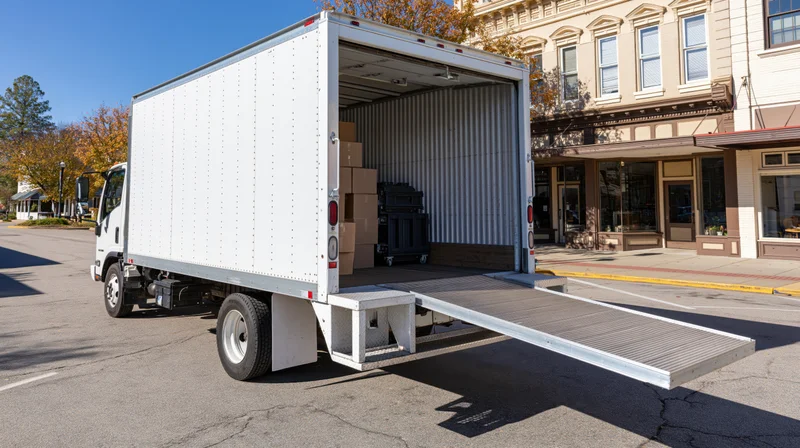 White box delivery truck parked on small-town commercial street with rear ramp down and cargo visible inside