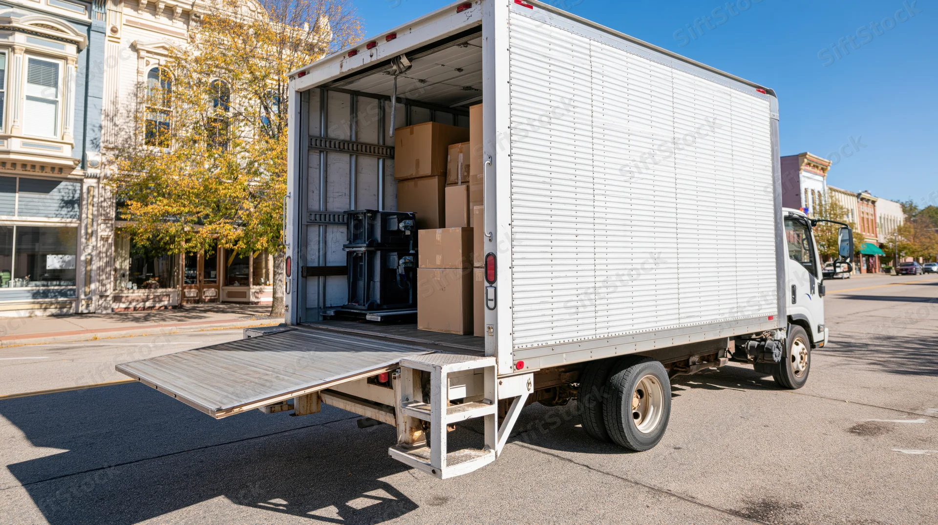 White box delivery truck parked on small-town commercial street with rear door open and loading ramp down, revealing stacked boxes and cargo inside