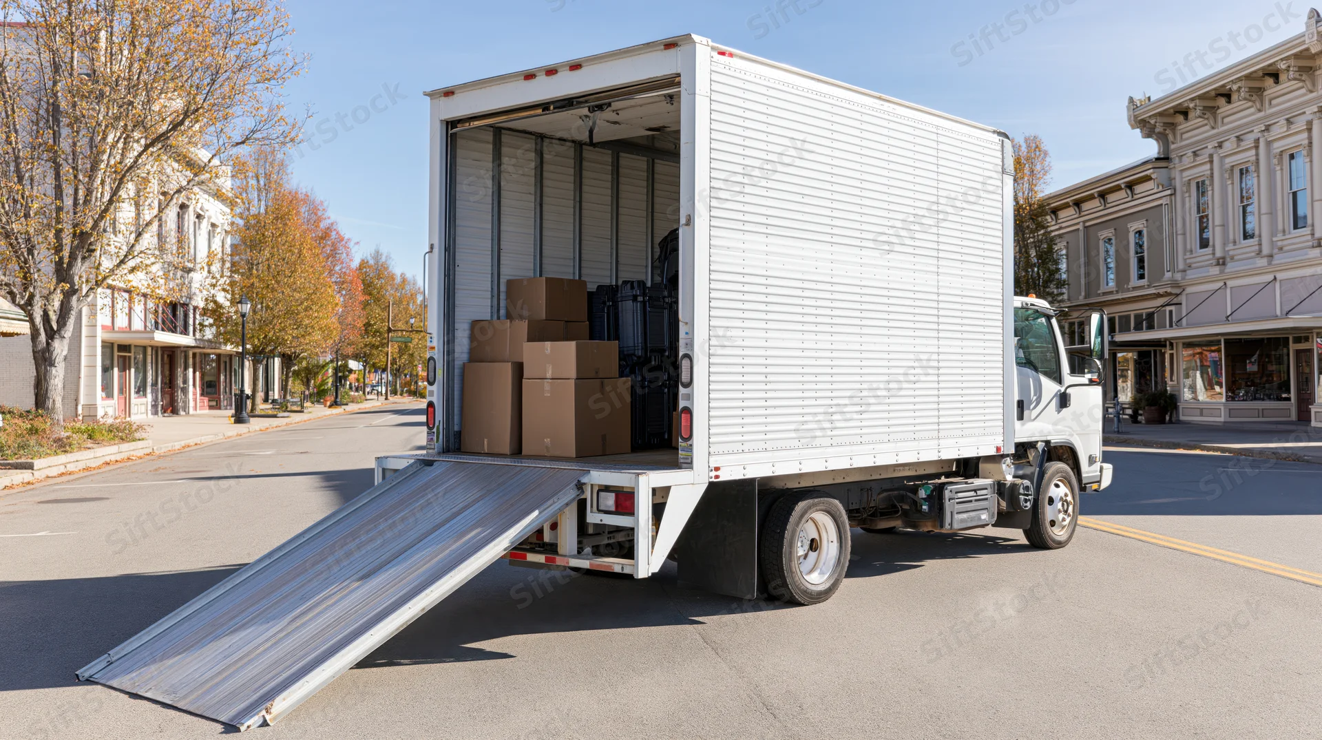 White box truck parked on main street with rear doors open and loading ramp down, revealing cardboard boxes inside