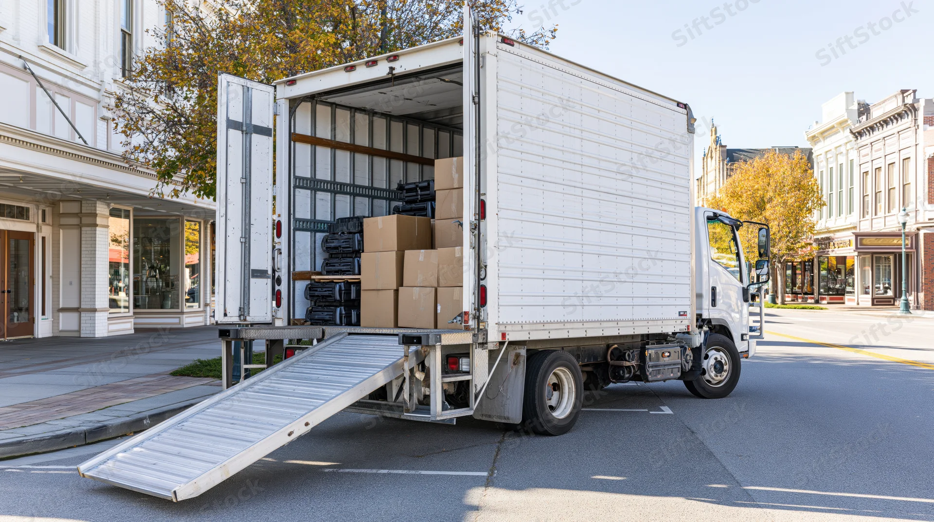 White box truck parked on main street with rear doors open and loading ramp down, revealing stacked cardboard boxes inside