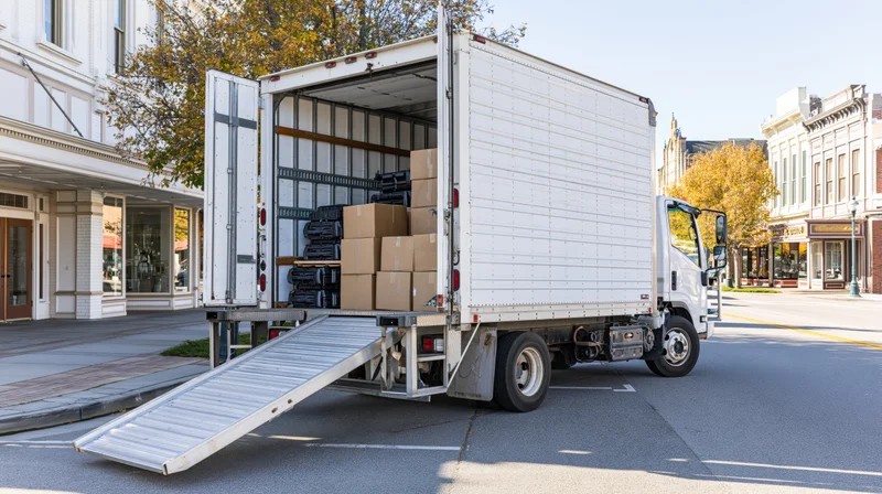 White box truck parked on main street with rear doors open and loading ramp down, revealing stacked cardboard boxes inside
