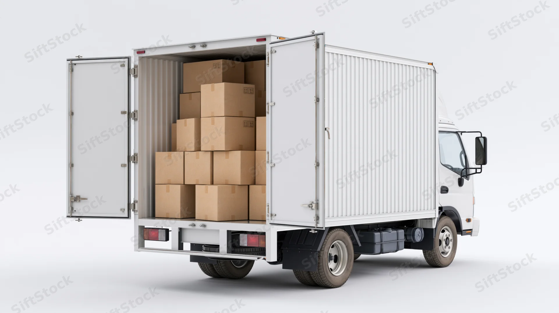 White box truck with open rear doors revealing stacked cardboard boxes inside